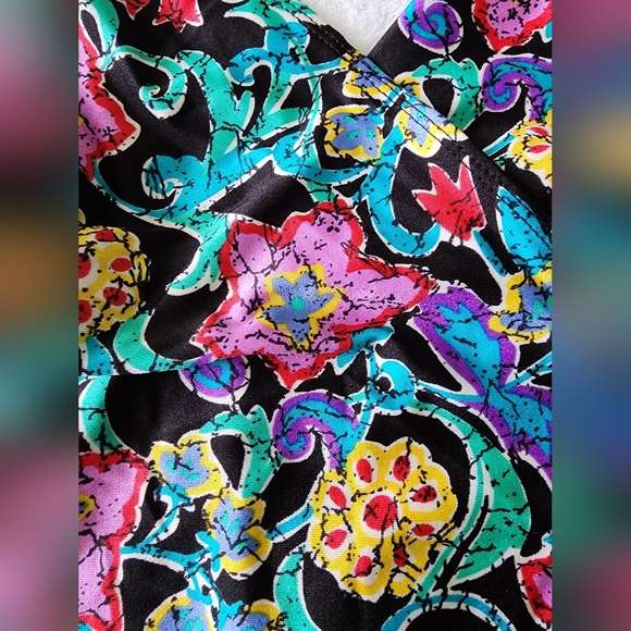 Cole of California Vtg 80s Black Multi Color Floral One Piece Swimsuit - Sz 16 - Picture 12 of 13